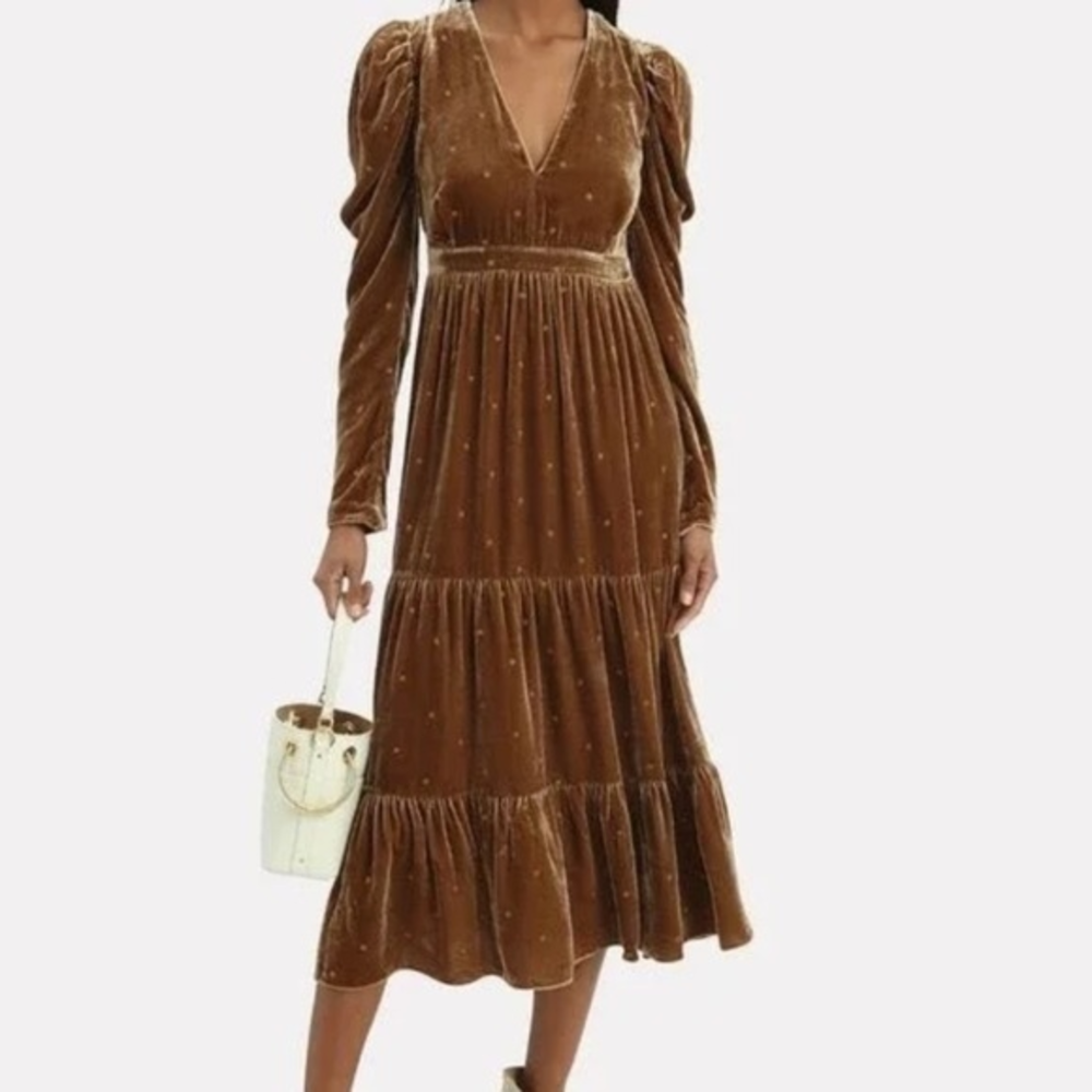 Ulla Johnson Shani bronze brown velvet long sleeve tiered dress‎ size 10